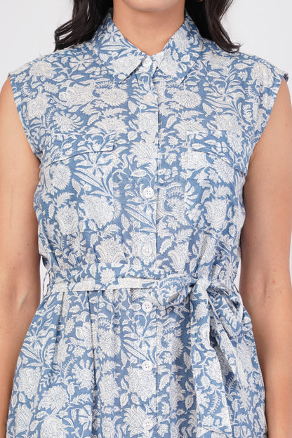 Blue Bell Sleeveless Long Cotton Front Pocket Dress With Belt