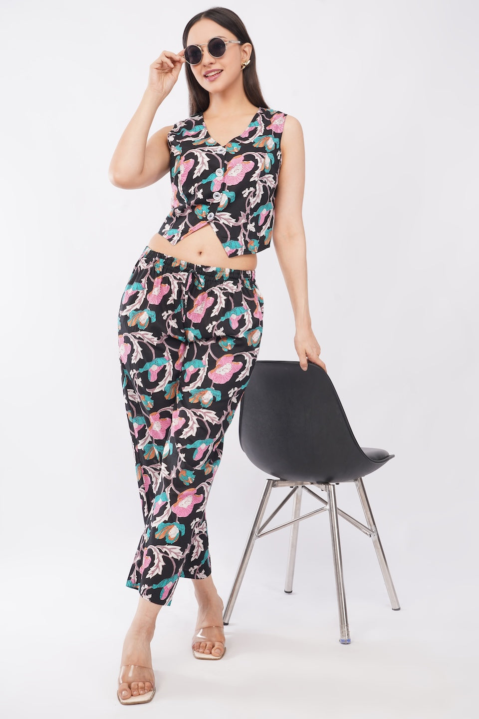 Cotton Midnight Floral Sleeveless Top & Palazzo Summer Casual Co-Ord Set