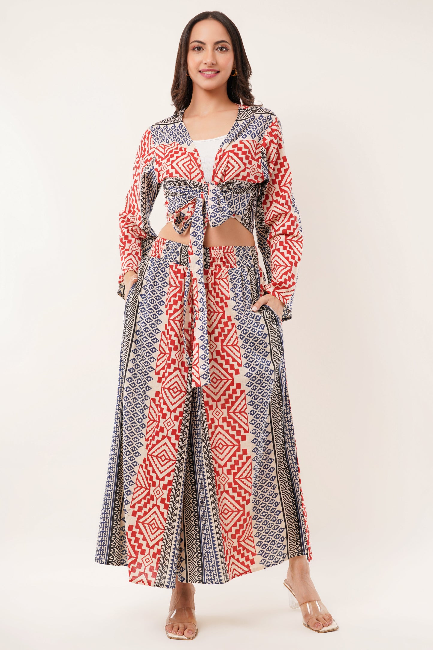 Cotton Rust Blue Printed Tie Top Plazzo 2 Piece Matching Co-Ord Set