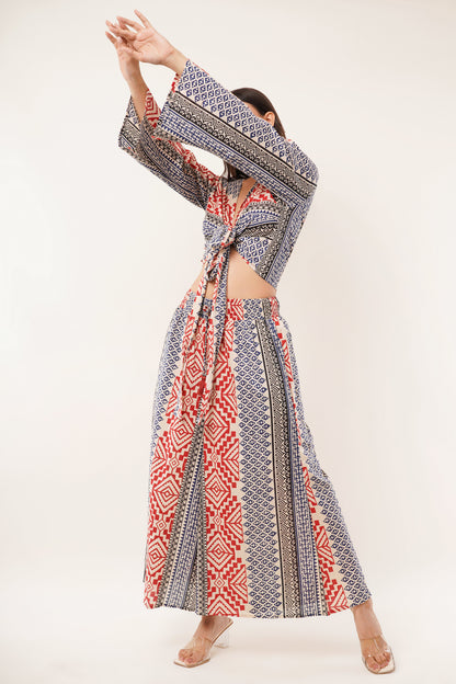 Cotton Rust Blue Printed Tie Top Plazzo 2 Piece Matching Co-Ord Set