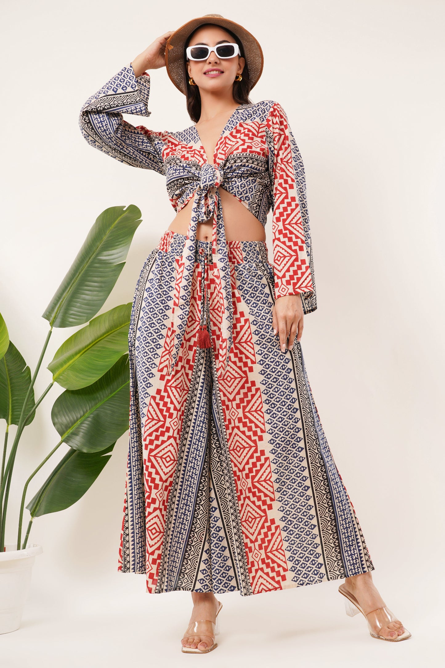 Cotton Rust Blue Printed Tie Top Plazzo 2 Piece Matching Co-Ord Set