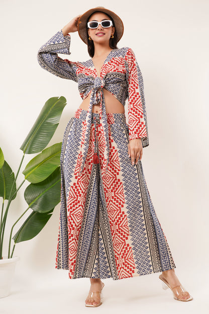 Cotton Rust Blue Printed Tie Top Plazzo 2 Piece Matching Co-Ord Set