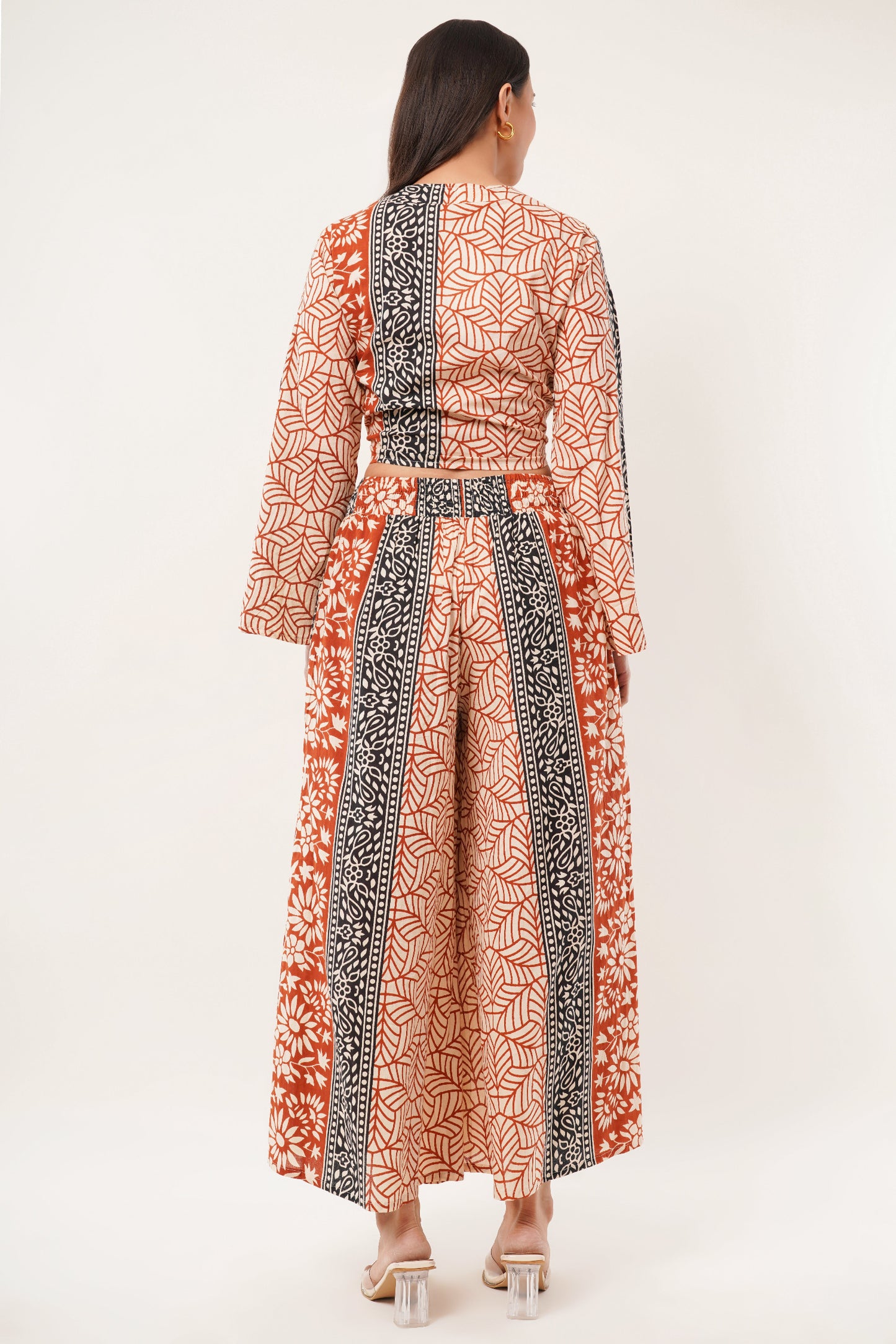 Cotton Rust Black Printed Tie Top Plazzo 2 Piece Matching Co-Ord Set