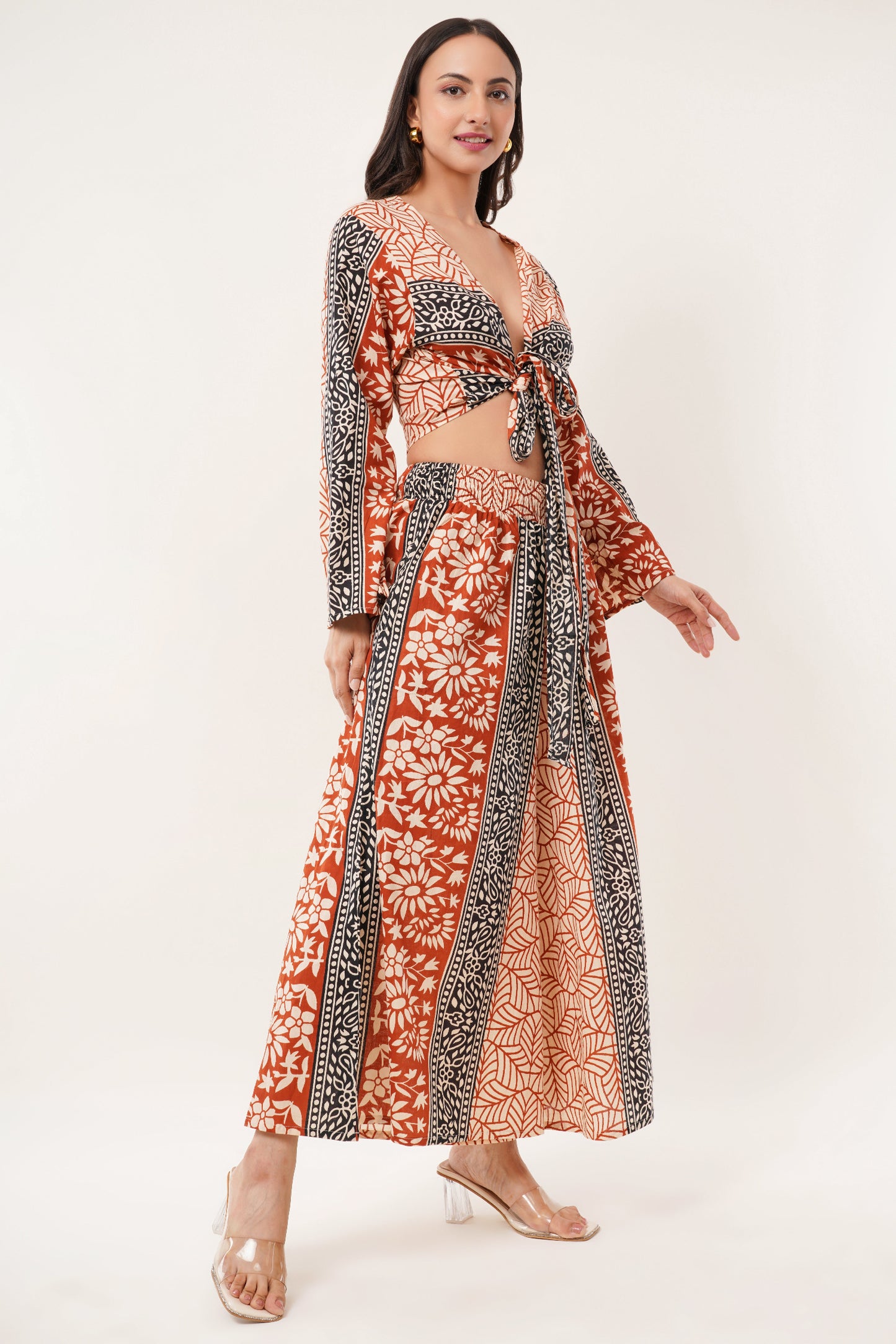 Cotton Rust Black Printed Tie Top Plazzo 2 Piece Matching Co-Ord Set