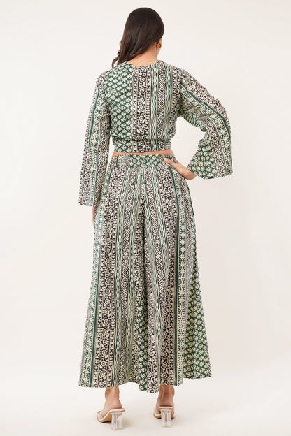 Cotton Olive Printed Tie Top Plazzo 2 Piece Matching Co-Ord Set