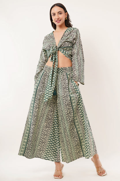 Cotton Olive Printed Tie Top Plazzo 2 Piece Matching Co-Ord Set