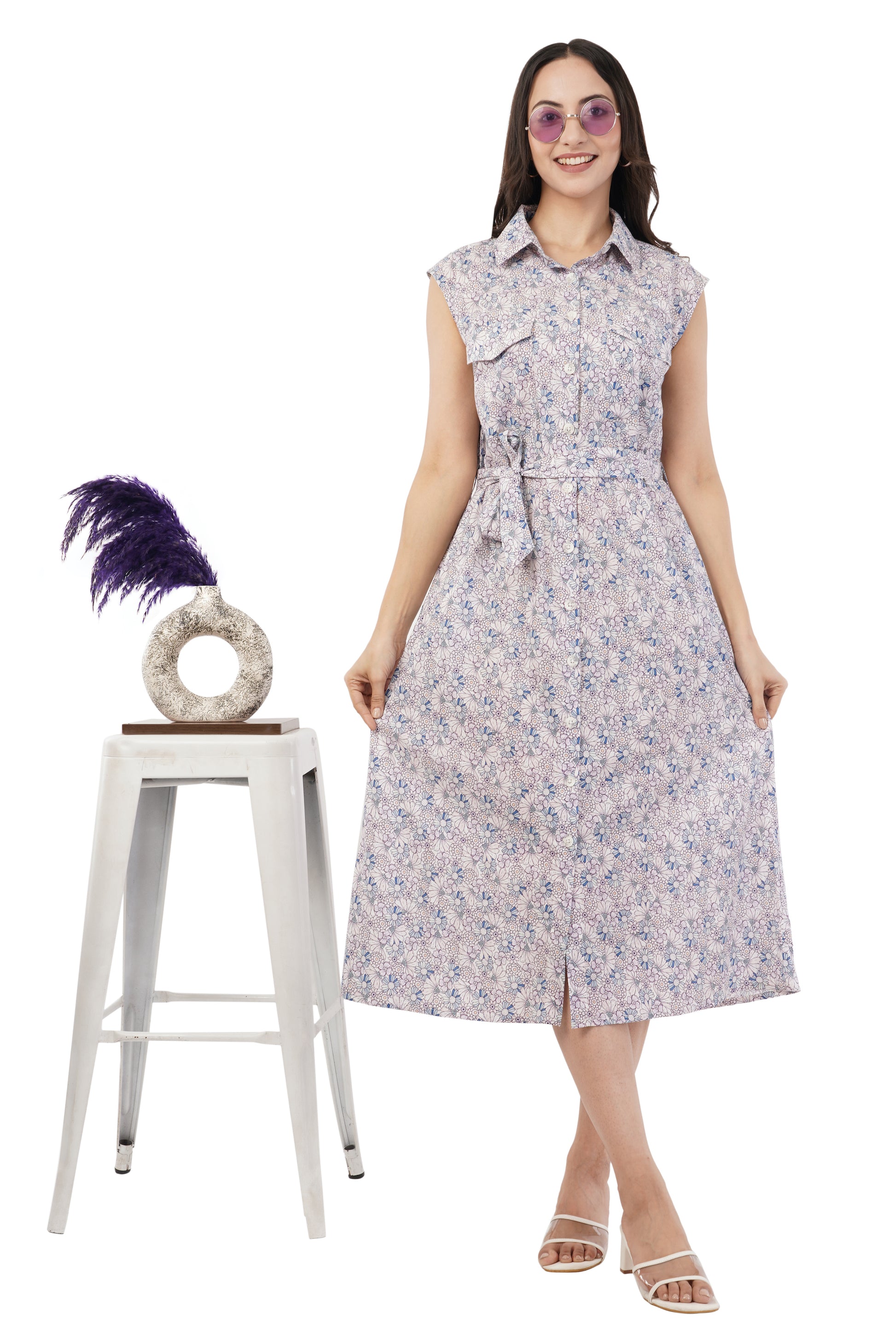 Corali Sleeveless Cotton Shirt Dress – Soft Floral Summer Midi