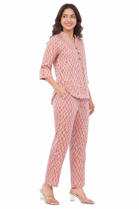 Pink Bagru Floral Printed Women Cotton 2 Piece Co-Ord Set