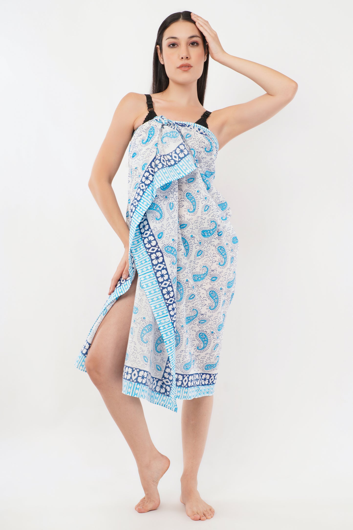Cotton Hand Printed Blue Floral Beach Sarongs Wrap Malia