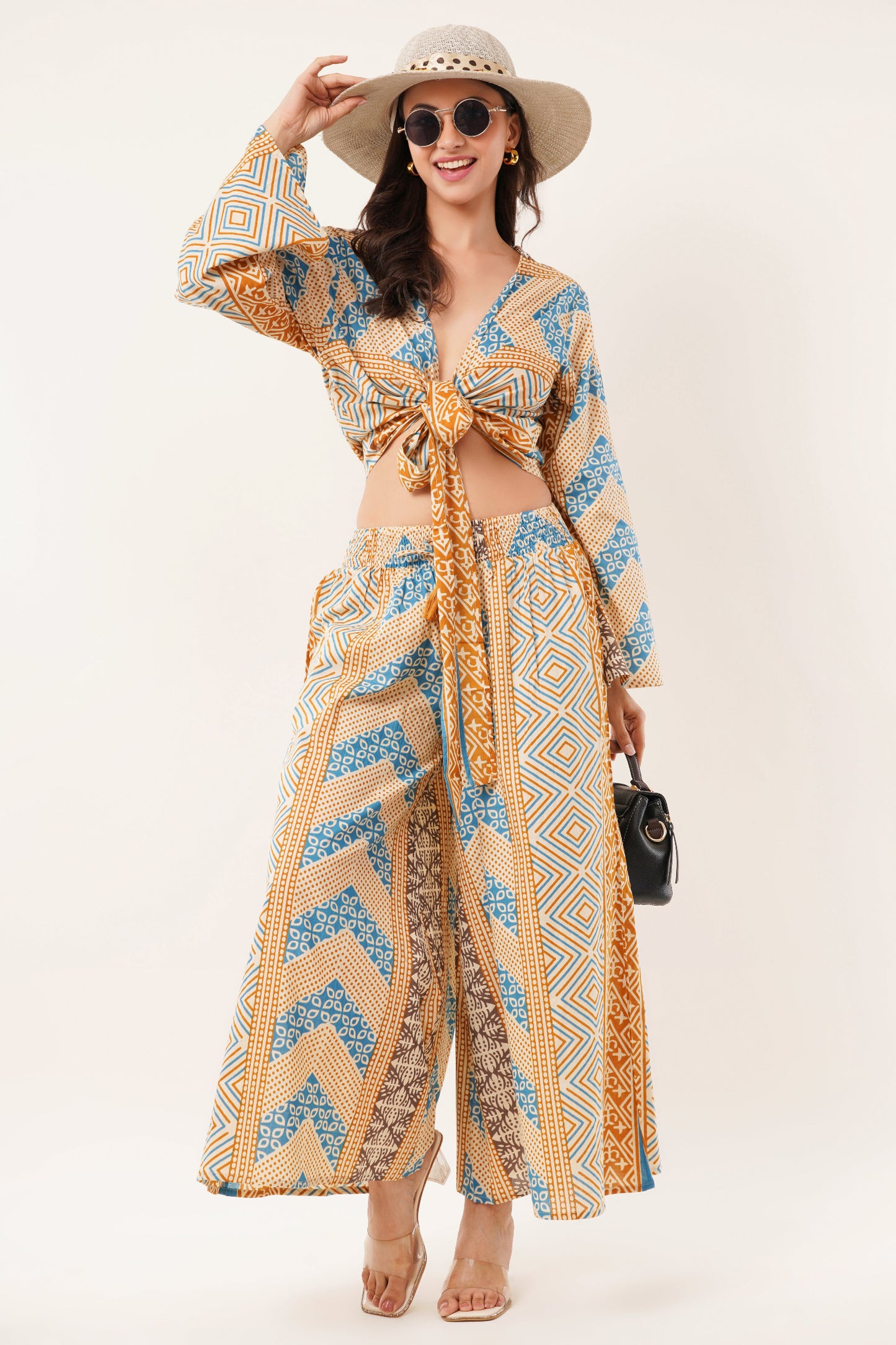 Cotton Mustard Printed Tie Top Plazzo 2 Piece Matching Co-Ord Set