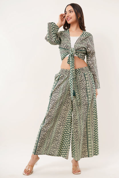 Cotton Olive Printed Tie Top Plazzo 2 Piece Matching Co-Ord Set