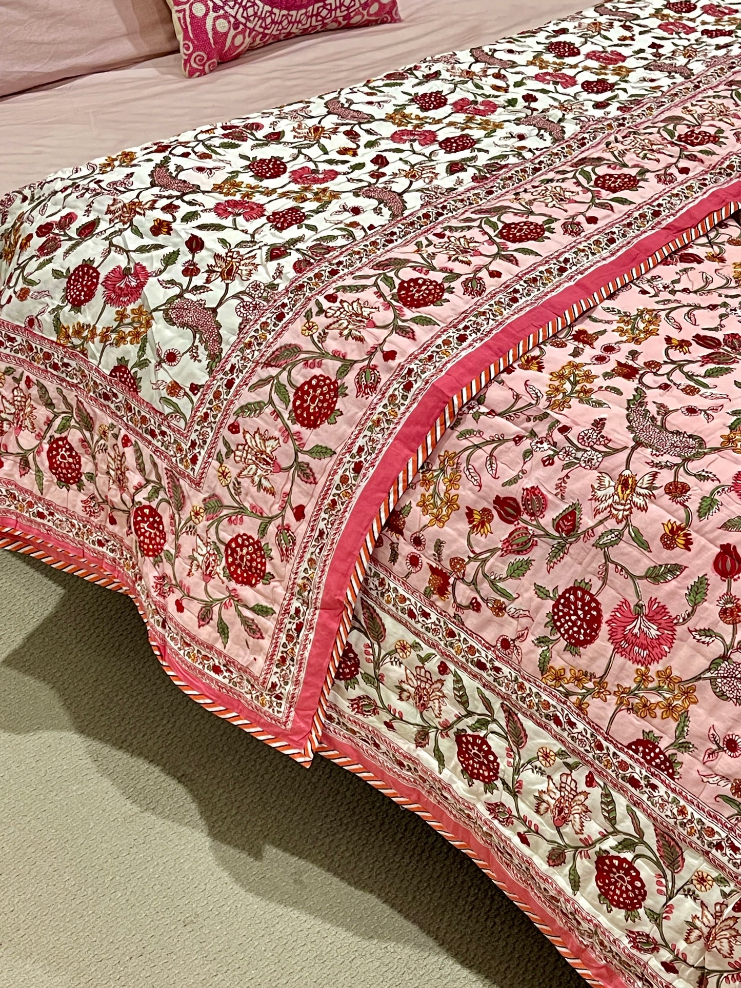 Fruity Pink Floral Cotton Padded Kantha Bedspread Quilt Comforter - Adore India   