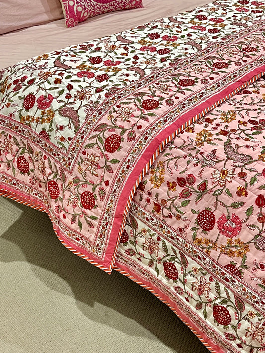 Fruity Pink Floral Cotton Padded Kantha Bedspread Quilt Comforter