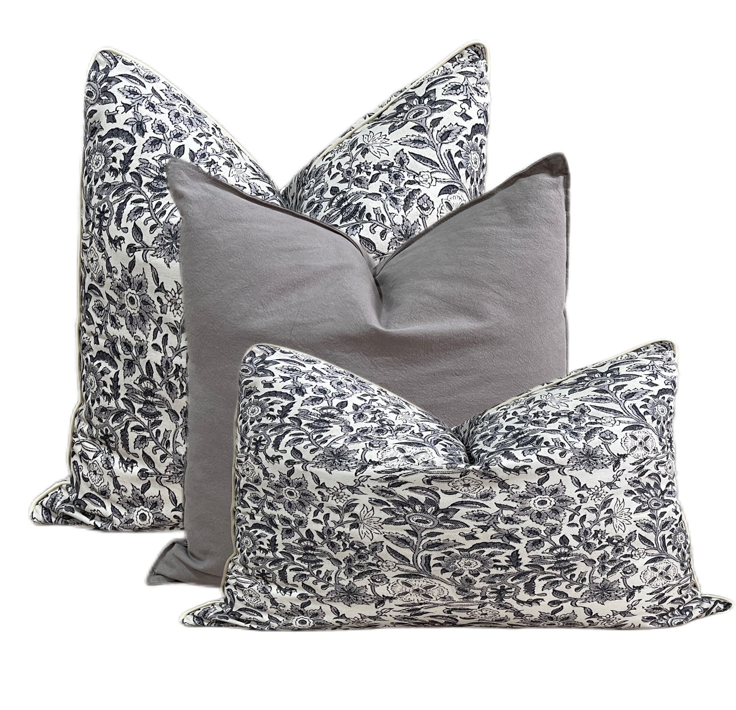 Luxurious Vintage Grey Floral 3 Pcs Cushion Lumbar Pillow Set