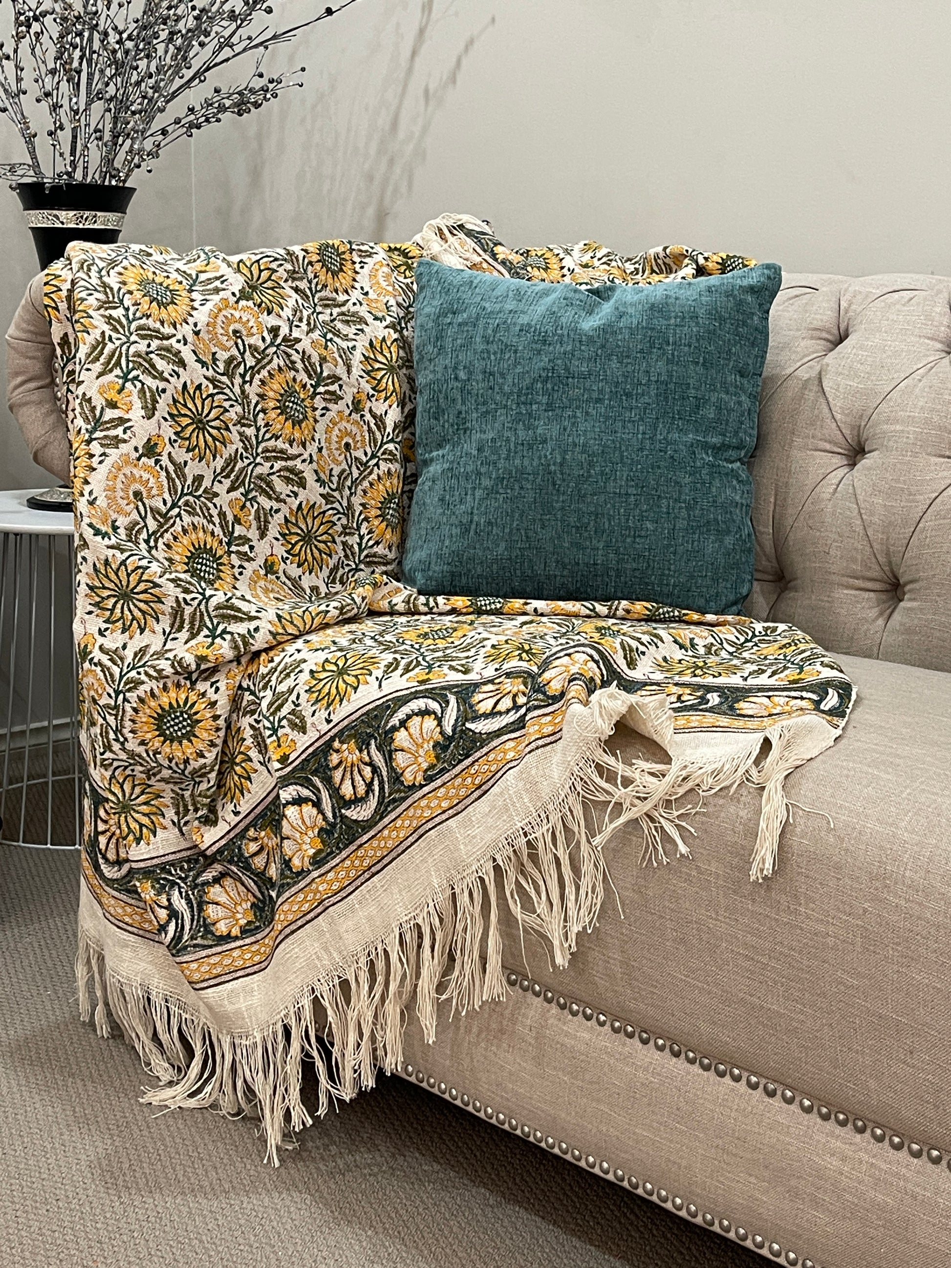 Bohemian Cotton Handmade Yellow Teal Floral Bedding Throw Blanket - Adore India   