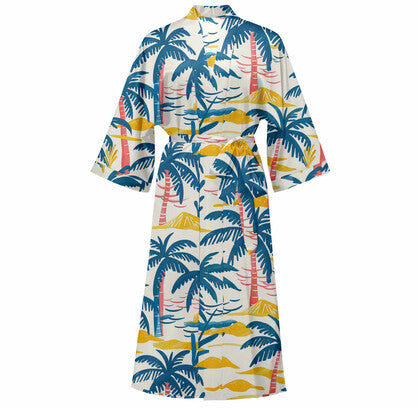 Cotton Kimono Palm Tree Printed Beach Cover-Up Boho Kimono Beach Dress- Cooya