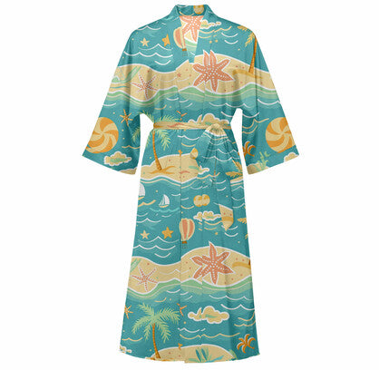 Cotton Kimono Palm Tree Printed Beach Cover-Up Boho Kimono Beach Dress- Evania