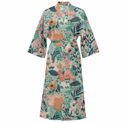 Cotton Kimono Printed Floral Beach Cover-Up Boho Kimono Beach Dress- Pastel Bloom