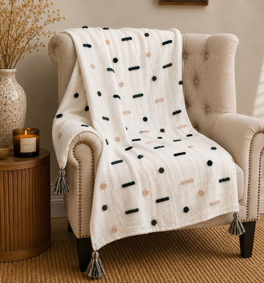Bohemian Geometrical Dash Cotton Bedding Tufted Throw Blanket