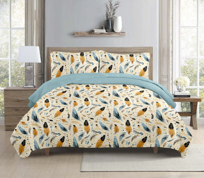 Boho Teal Feather Printed Cotton Reversible Summer Lightweight Bedspread Quilt Set