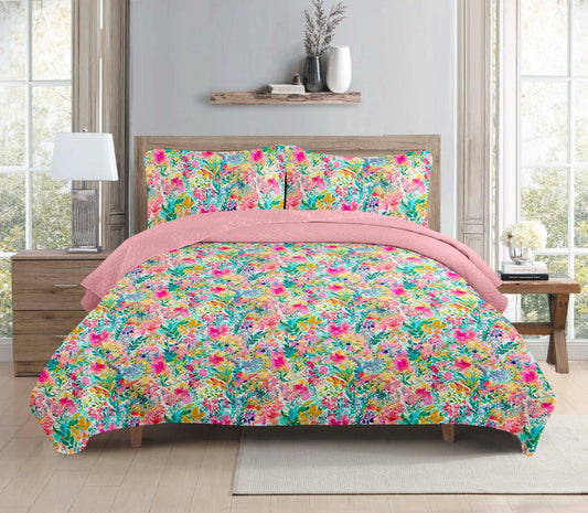 Watercolour Floral Printed Cotton Reversible Summer Lightweight Bedspread Quilt Set