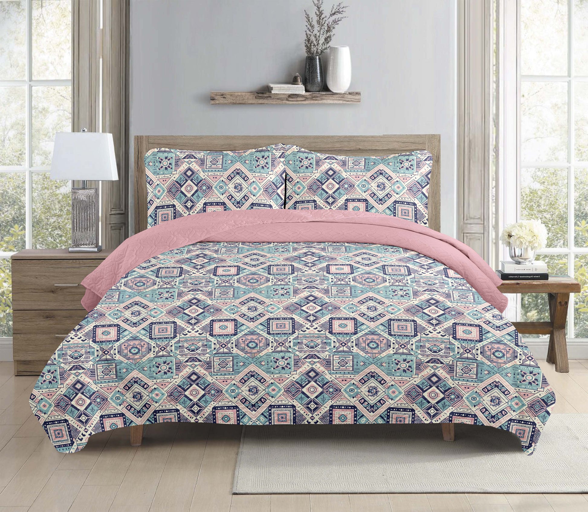 Pastel Aztec Geometrical Printed Cotton Reversible Summer Lightweight Bedspread Quilt Set