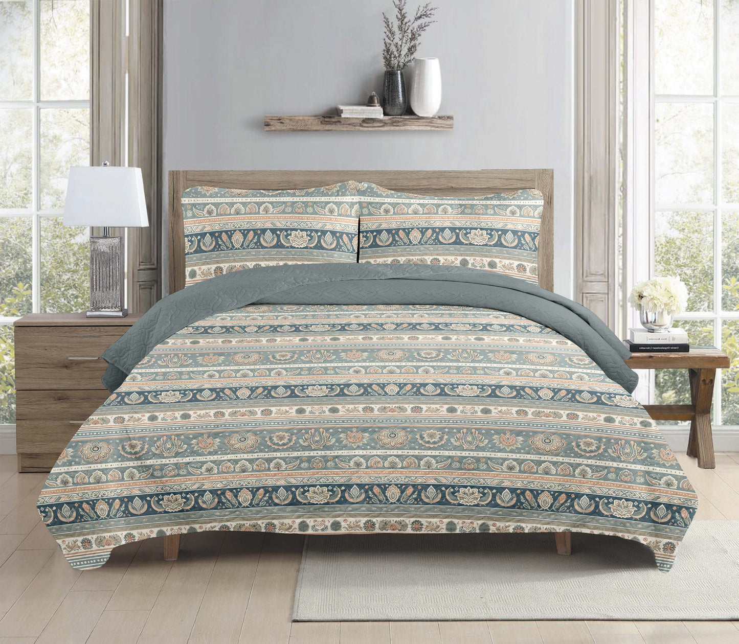 Pastel Floral Stripe Printed Cotton Reversible Summer Lightweight Bedspread Quilt Set - Adore India   