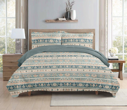Pastel Floral Stripe Printed Cotton Reversible Summer Lightweight Bedspread Quilt Set