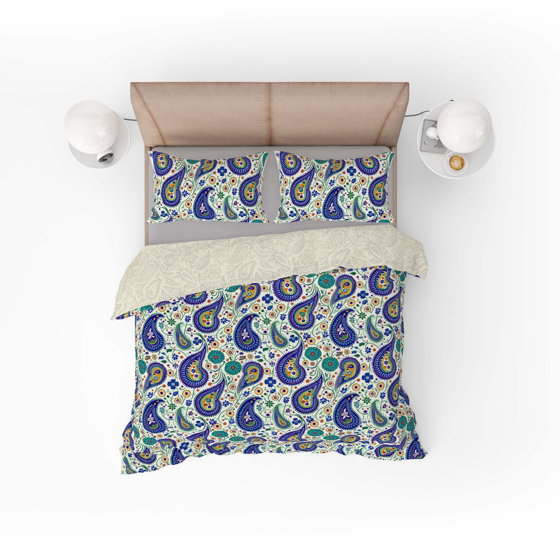 Vintage Green Blue Floral Paisley Cotton Reversible Quilt Cover Set - Adore India   