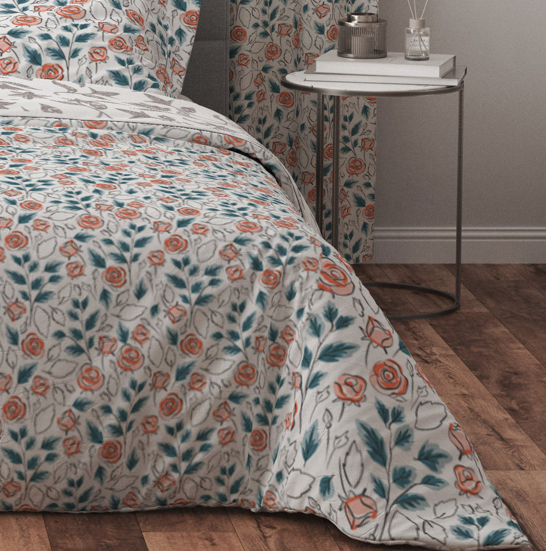 Bohemian Watercolour Teal Pink Floral Red Cotton Reversible Quilt Cover Set