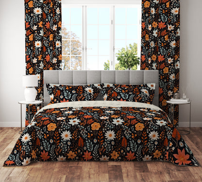 Bohemian Black Orange Wild Floral Cotton Reversible Quilt Cover Set