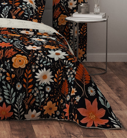 Bohemian Black Orange Wild Floral Cotton Reversible Quilt Cover Set