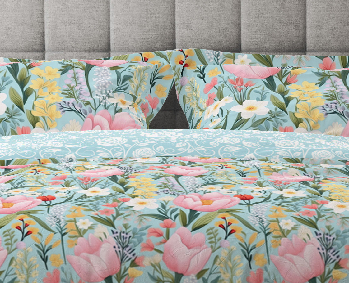 Bohemian Turquoise Pink Rose Floral Cotton Reversible Quilt Cover Set