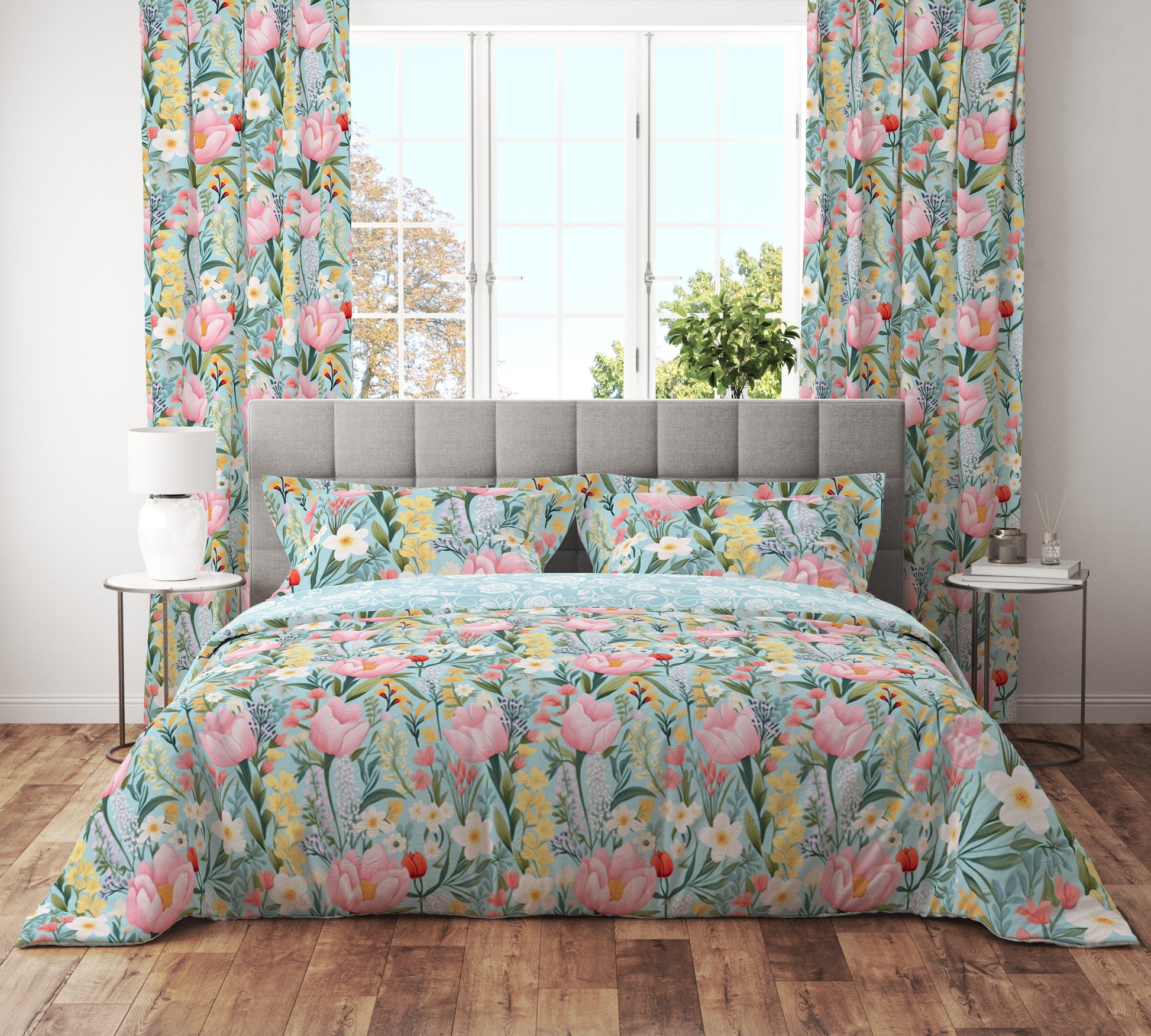 Bohemian Turquoise Pink Rose Floral Cotton Reversible Quilt Cover Set - Adore India   