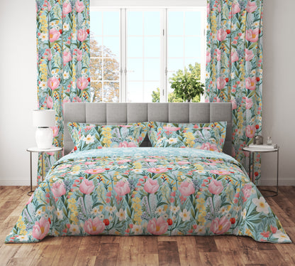Bohemian Turquoise Pink Rose Floral Cotton Reversible Quilt Cover Set