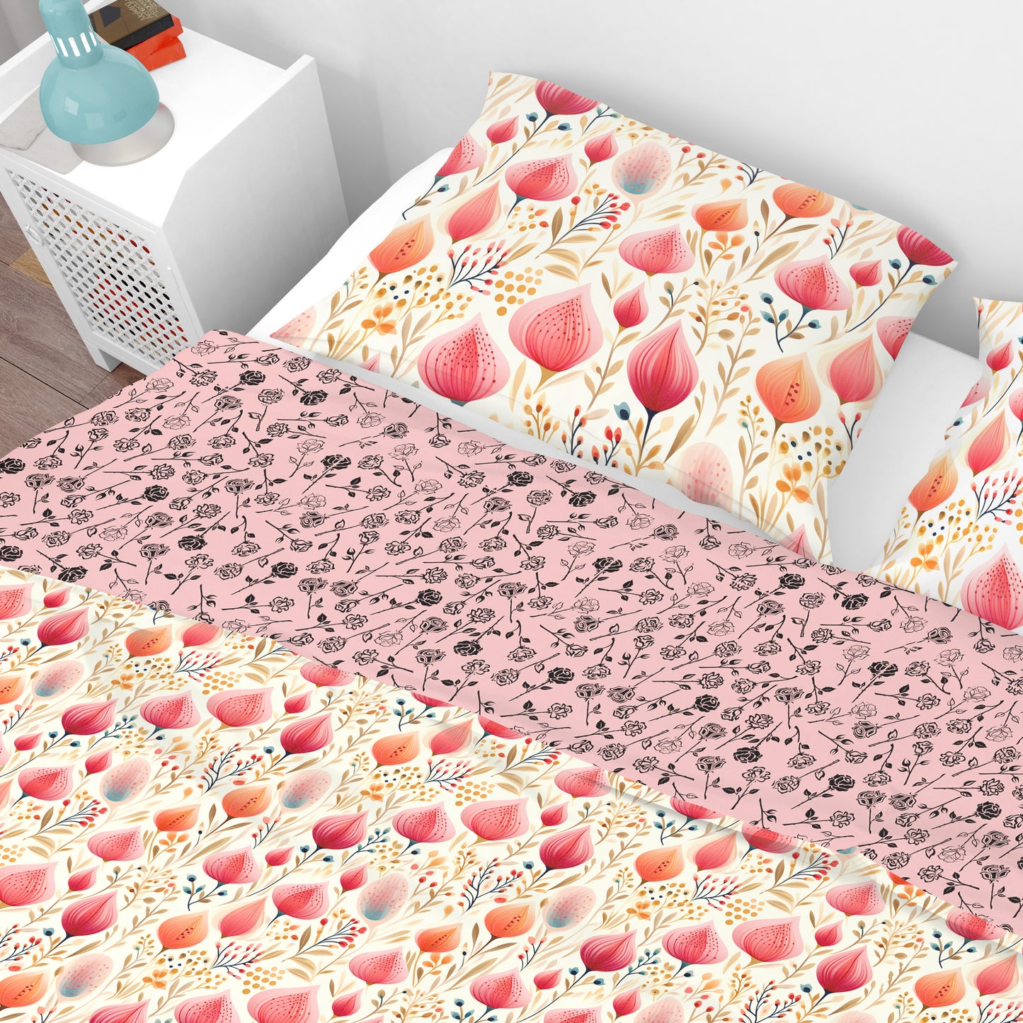 Bohemian Pink Rosebud Scandinavian Floral Cotton Reversible Quilt Cover Set