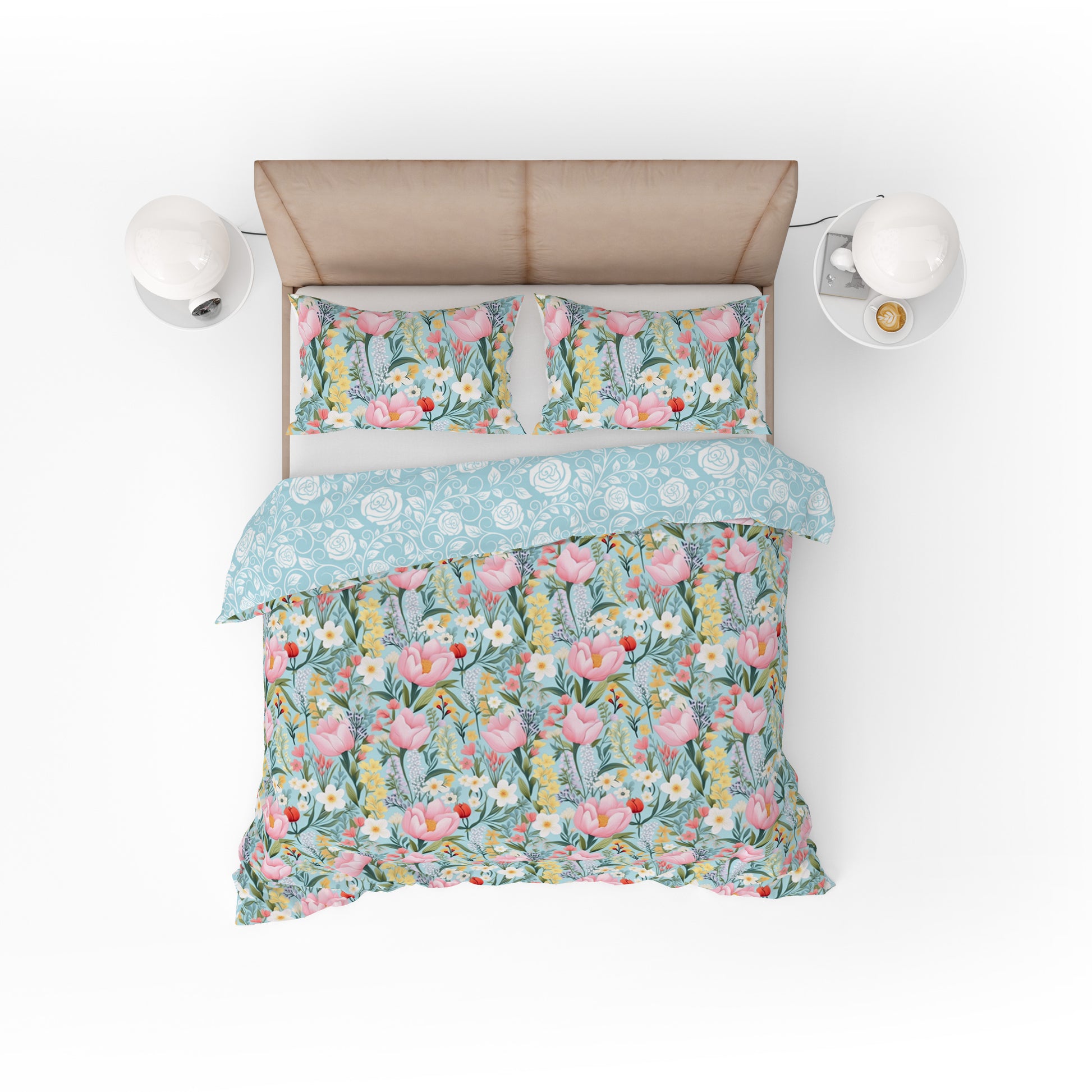 Bohemian Turquoise Pink Rose Floral Cotton Reversible Quilt Cover Set - Adore India   