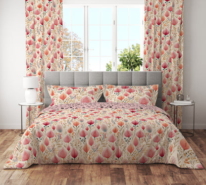 Bohemian Pink Rosebud Scandinavian Floral Cotton Reversible Quilt Cover Set