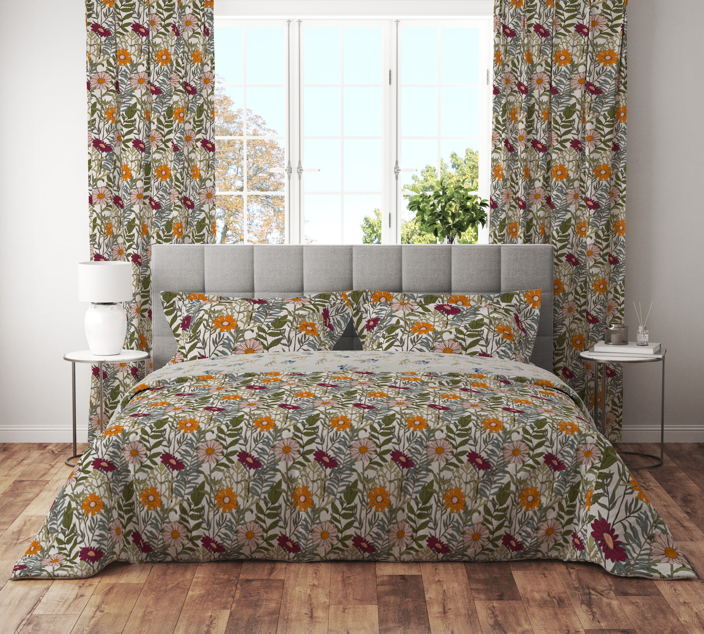 Bohemian Olive Daisy Floral Red Cotton Reversible Quilt Cover Set