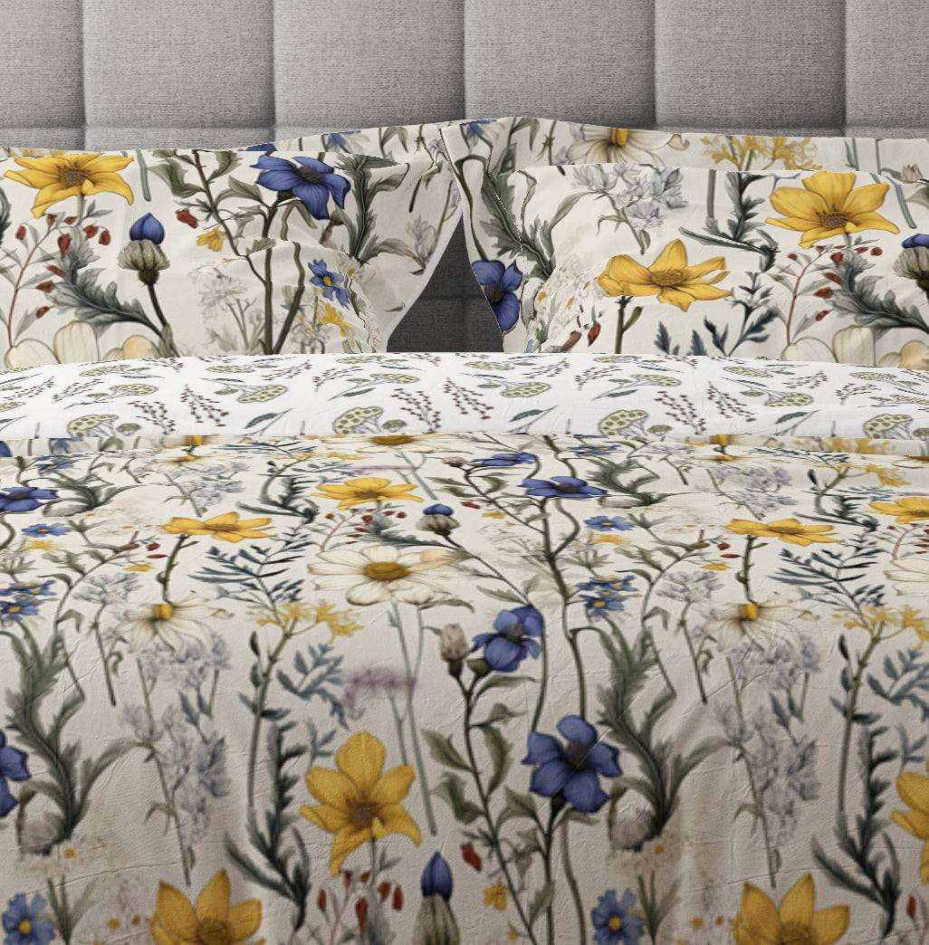 Bohemian Fantasy Wild Floral Yellow Purple Cotton Reversible Quilt Cover Set - Adore India   