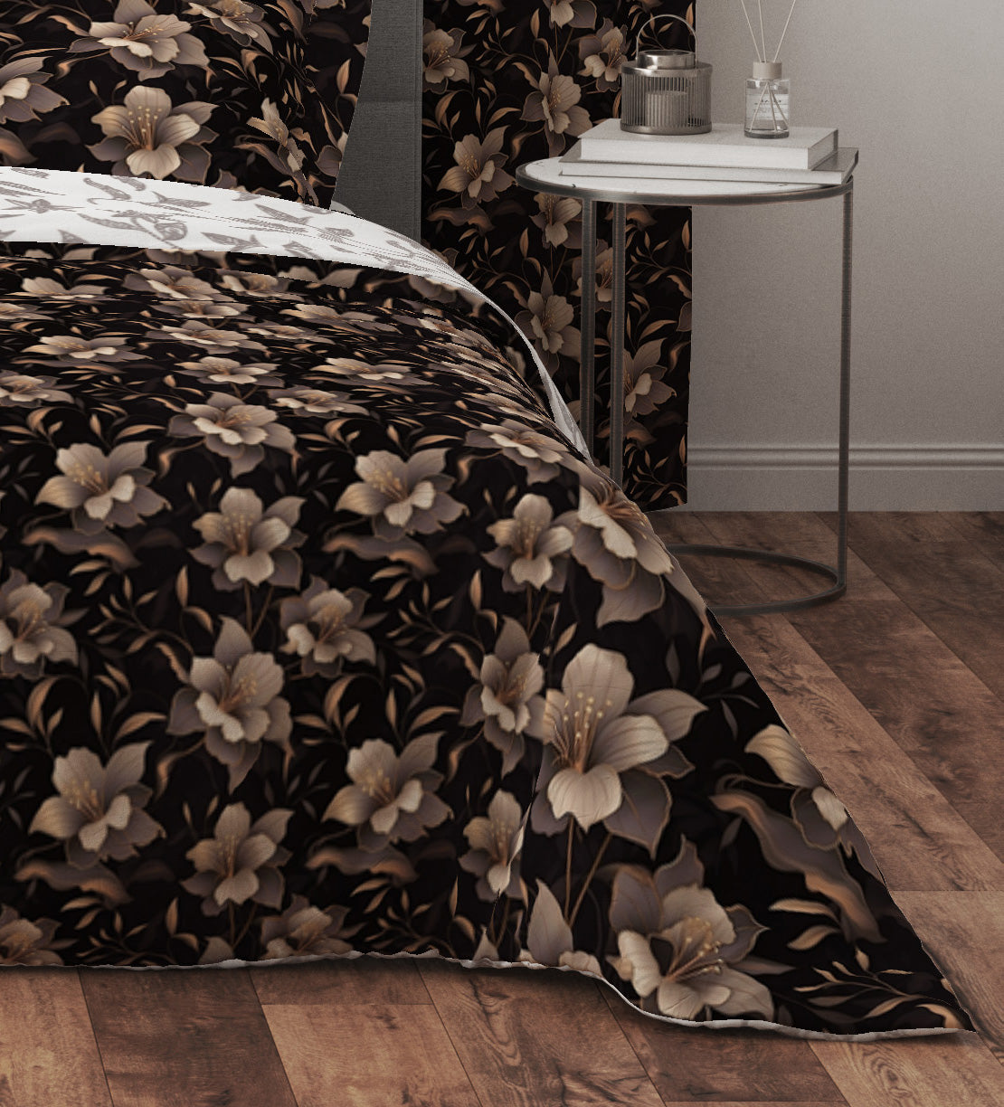 Bohemian Black Bronze Floral Cotton Reversible Quilt Cover Set