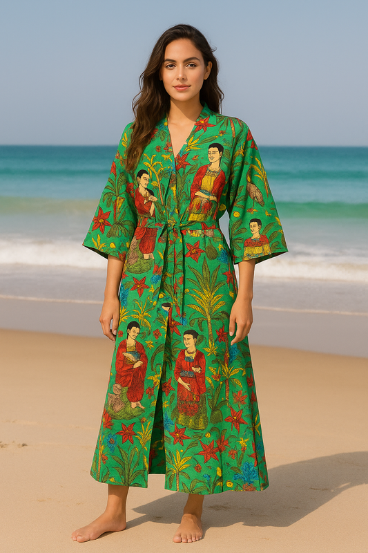Cotton Printed Bottle Green Kahlo Kimono Kaftan Bathrobe
