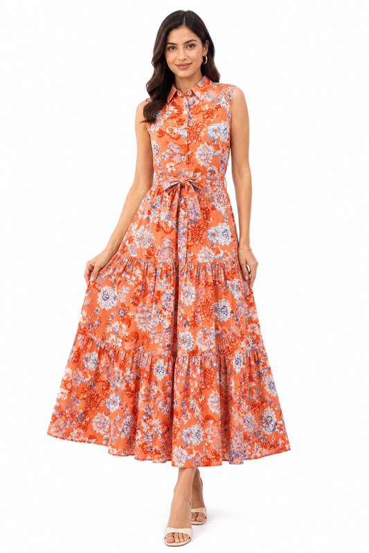 Gardenia Rust Cotton Floral Long Summer Tiered Shirt Maxi Dress