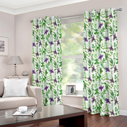 Green Purple Floral Leaf Printed Eyelet Curtain