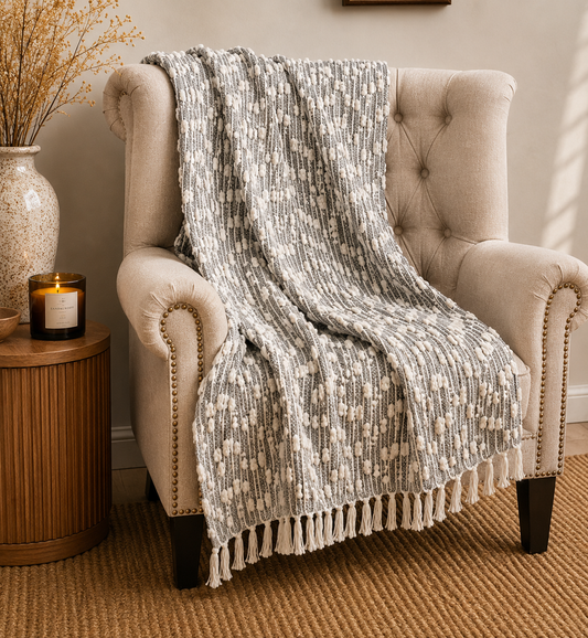 Bohemian Grey Cotton Bedding Tufted Throw Blanket