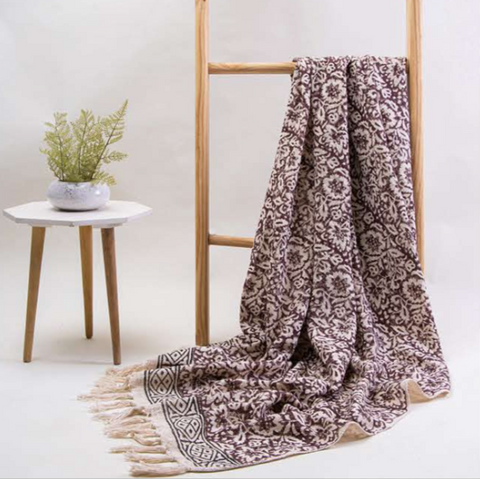 Bohemian Cotton Purple Floral Block Printed Bedding Throw Blanket