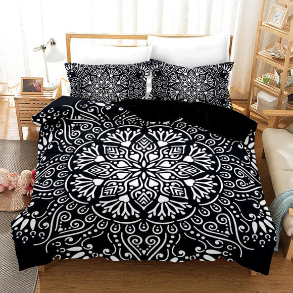 Black & White Brahma Indian Bohemian Mandala Quilt Cover Set