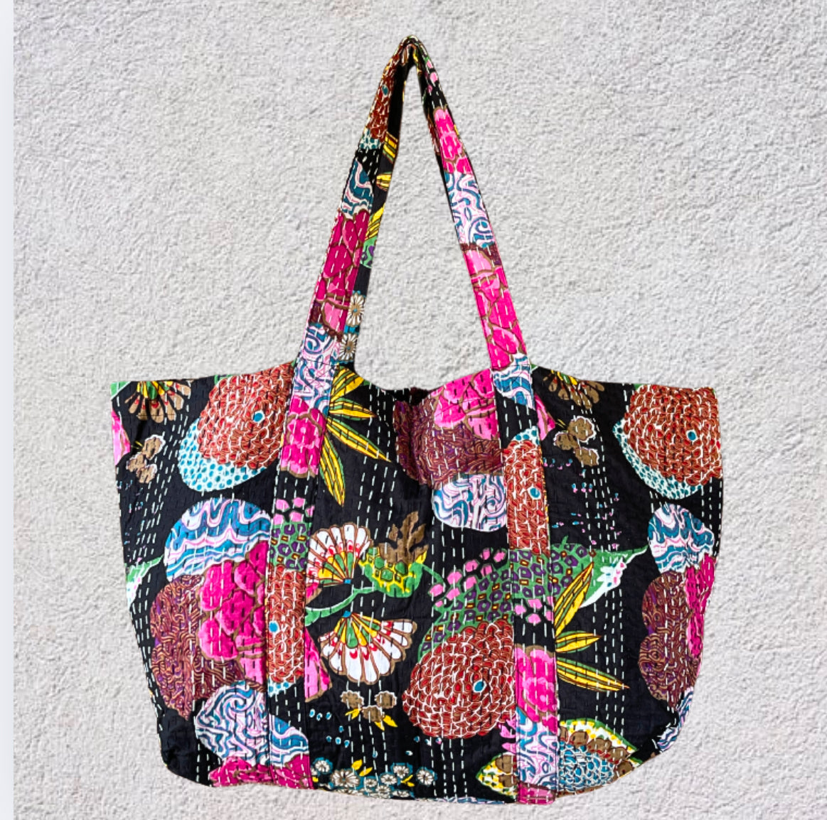 Handmade Boho Cotton Black Tropical Kantha Quilted Bags Tote Beach Bag