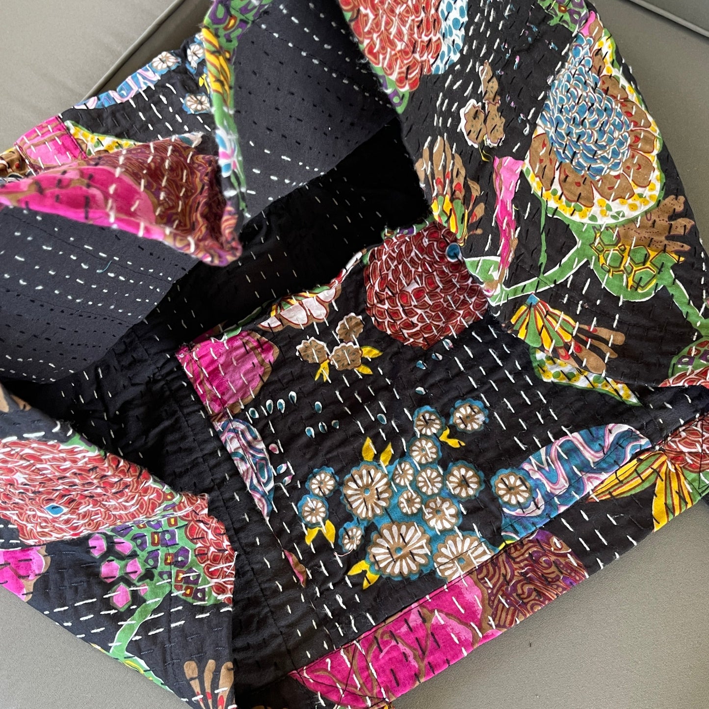 Handmade Boho Cotton Black Tropical Kantha Quilted Bags Tote Beach Bag Australia
