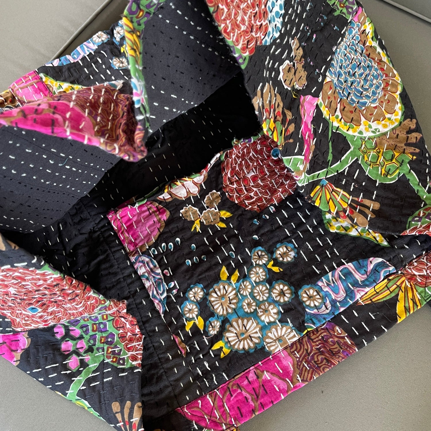 Handmade Boho Cotton Black Tropical Kantha Quilted Bags Tote Beach Bag Australia
